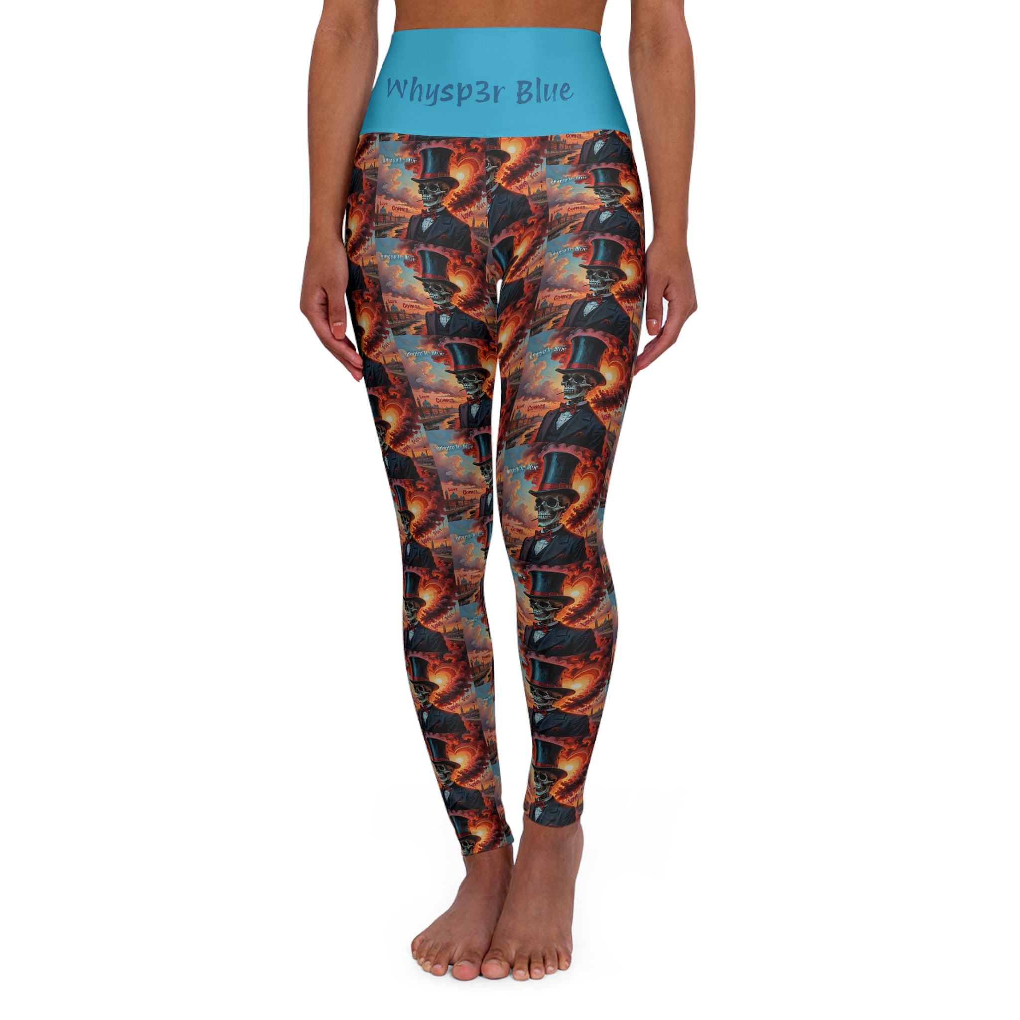 High-Waist Yoga Leggings — Ocean Teal All-Over Print (Includes 'Whysp3r Blue' Text)