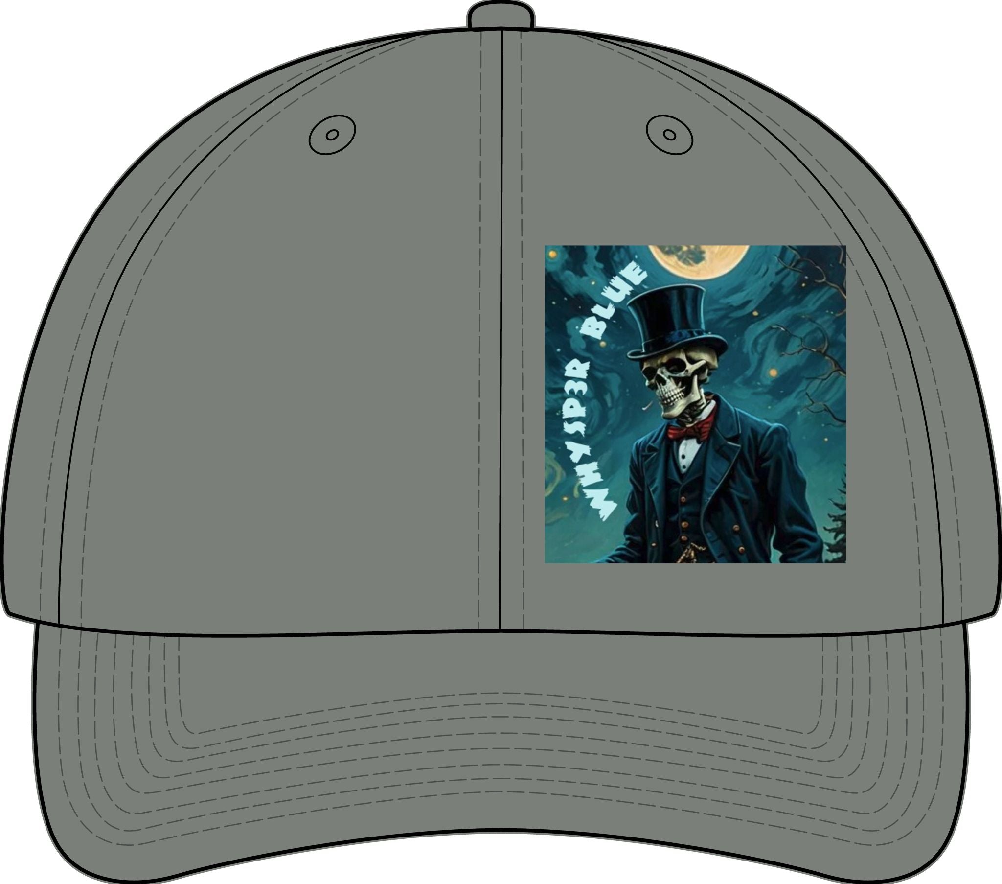 Flat Bill Cap — Skeleton Gentleman Graphic "Whiskey Blue" Patch