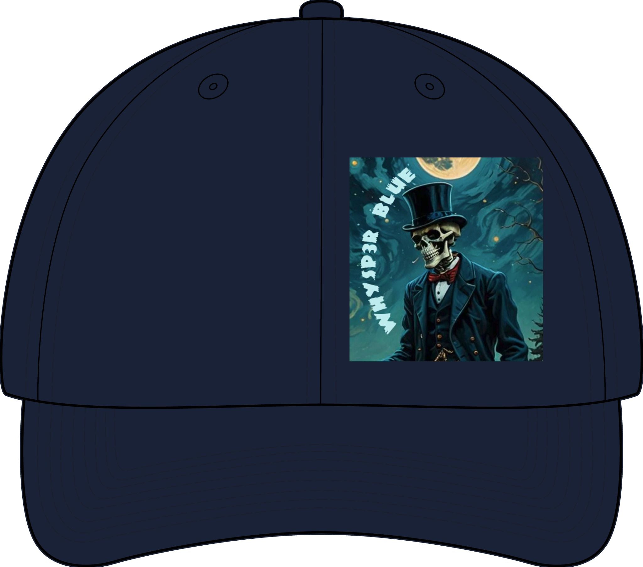 Flat Bill Cap — Skeleton Gentleman Graphic "Whiskey Blue" Patch